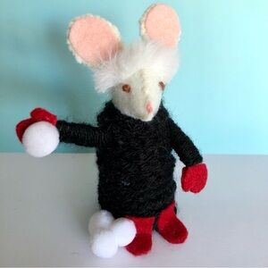 Black sweater Felt Mouse art doll Winter  handmade snowballs mittens